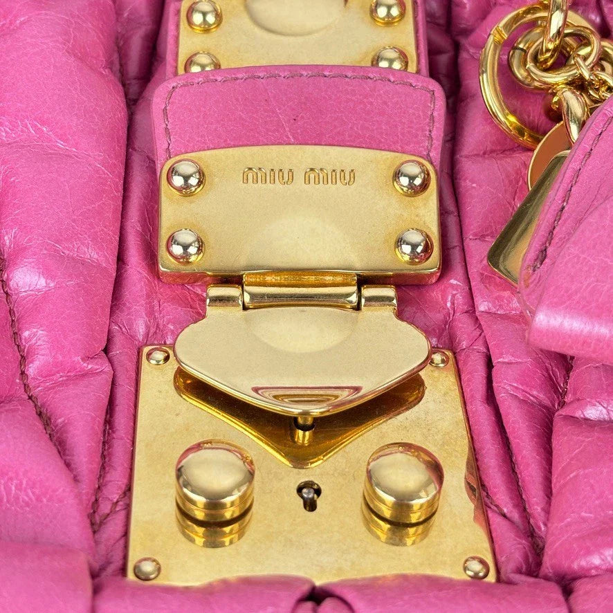 Auth Miu Miu Matelasse Hand Bag Leather 2way Pink Gold t99