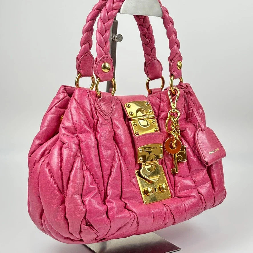 Auth Miu Miu Matelasse Hand Bag Leather 2way Pink Gold t99