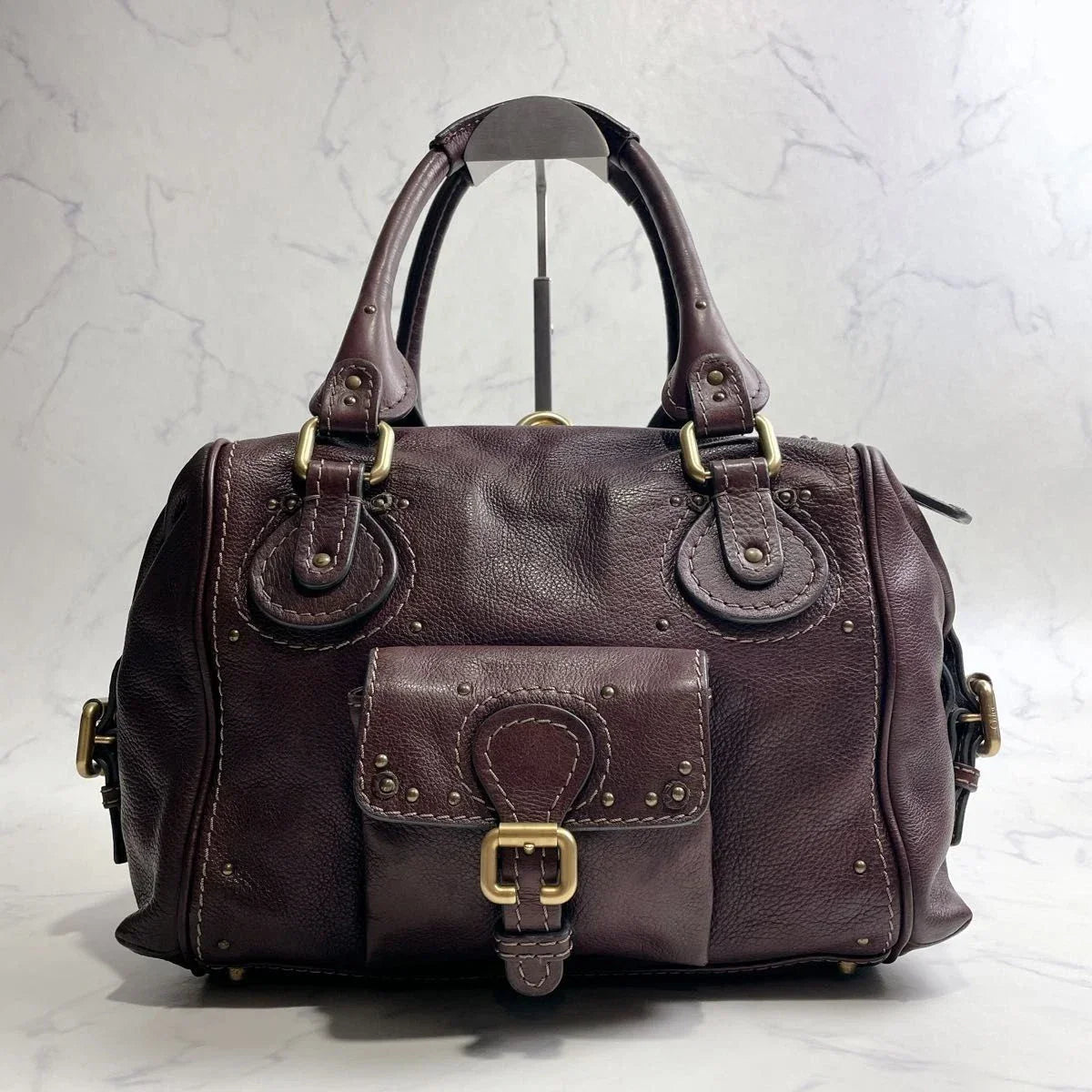 CHLOE Paddington 2way Handbag Chocolate Brown Leather Studs Authentic