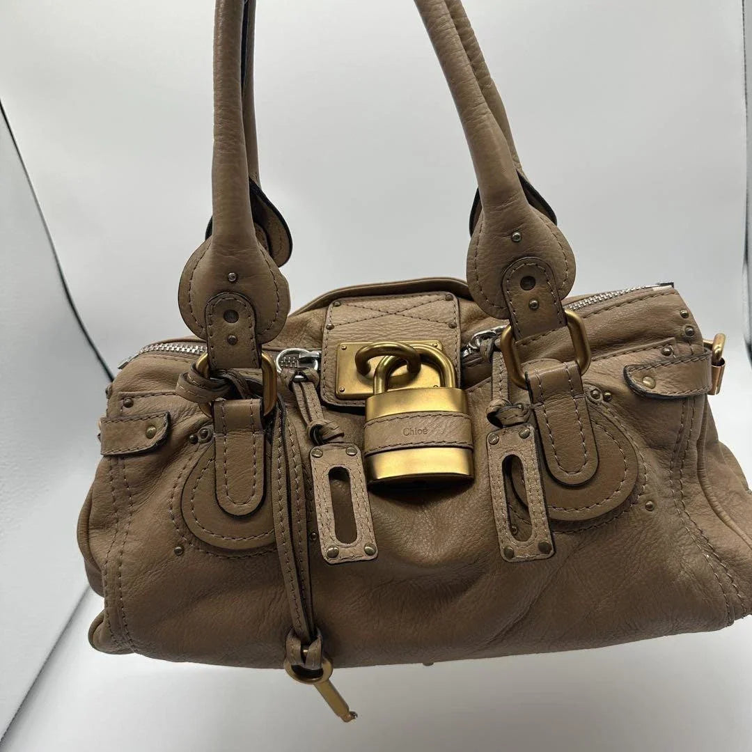 Chloe Paddington Padlock Cadena Handbag Beige Brown Leather Shoulder Bag Key