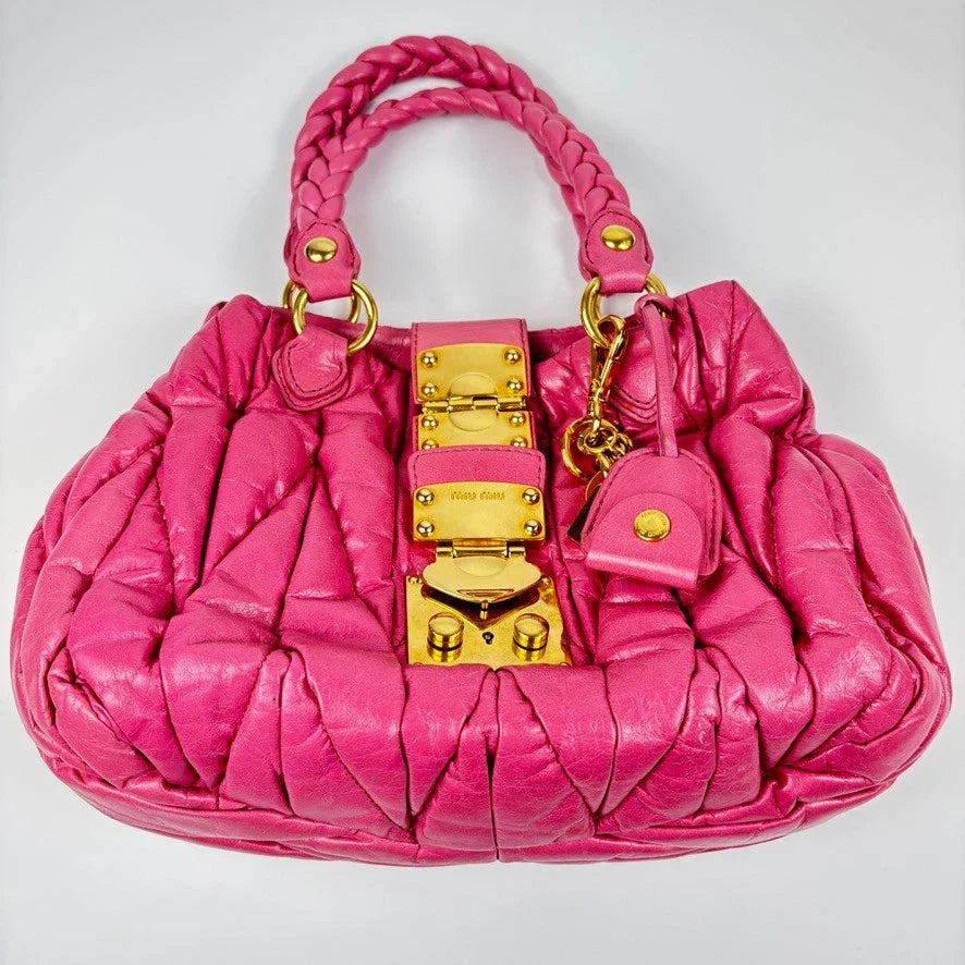 Auth Miu Miu Matelasse Hand Bag Leather 2way Pink Gold t99