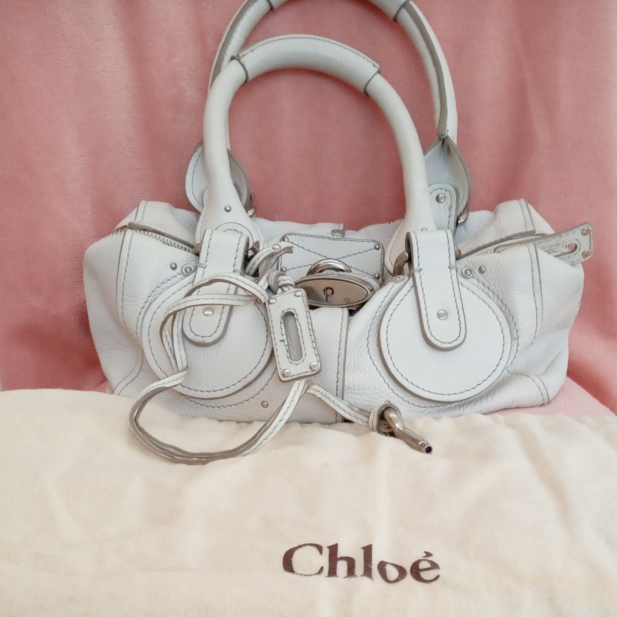 Authentic Chloe Paddington Handbag Shoulder Bag Medium White Leather Silver Y2K