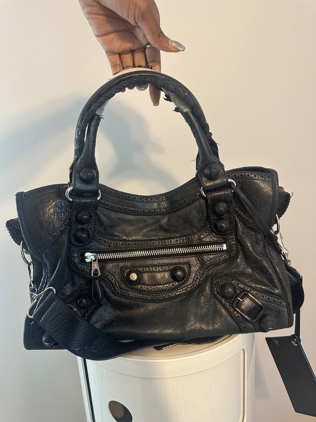 BALENCIAGA Black Lambskin Leather Giant Brogues Motorcycle City Bag