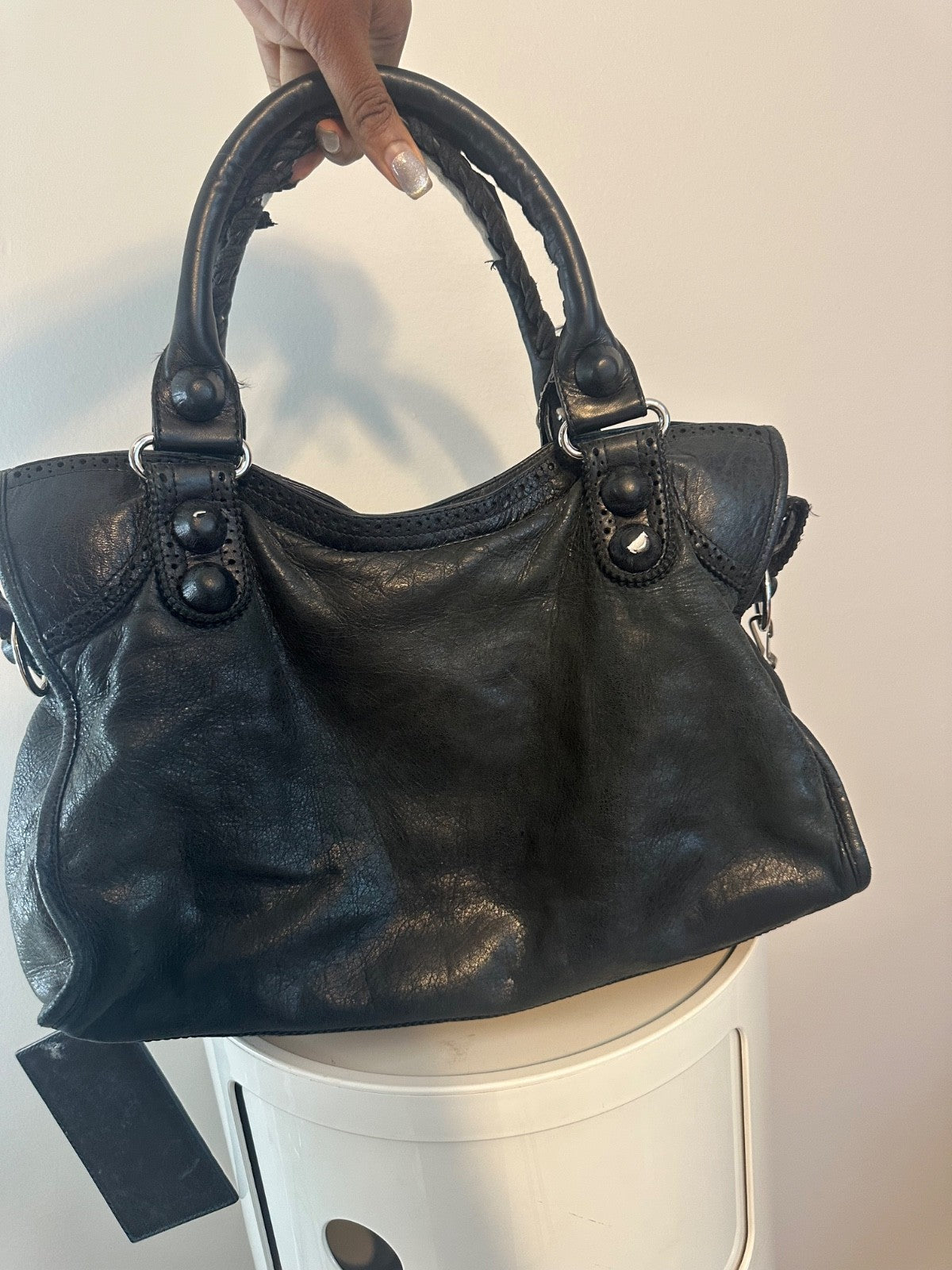 BALENCIAGA Black Lambskin Leather Giant Brogues Motorcycle City Bag