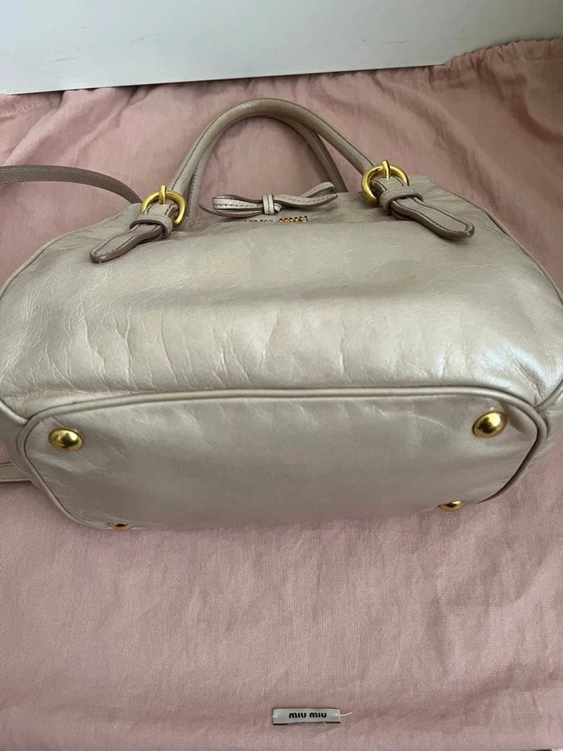 MIU MIU Vitello Shine 2WAY Bow Handbag Shoulder Bag Pink Beige Leather Used Auth