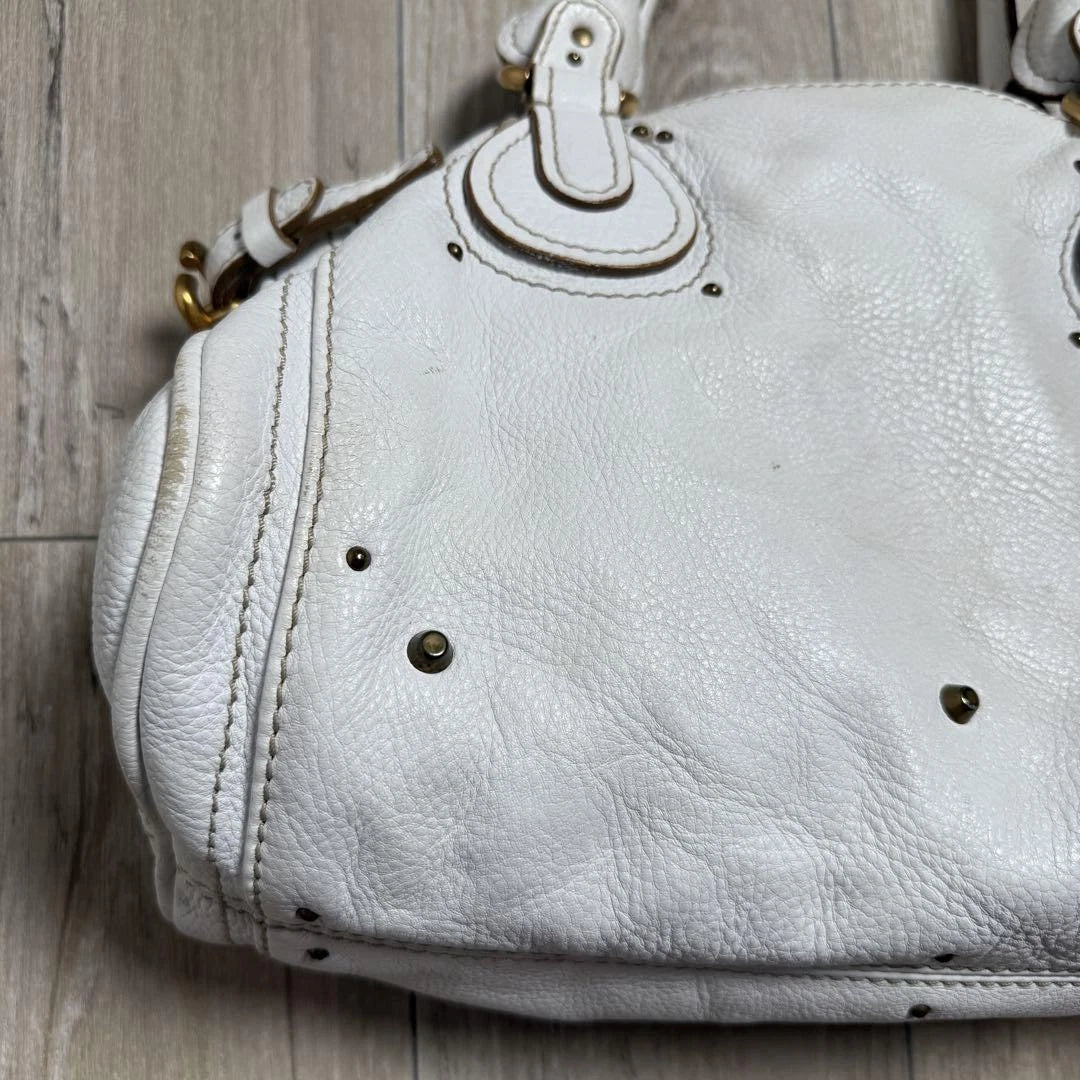 Chloe Paddington Padlock Cadena Hand Bag Boston Bag Shoulder Bag White Auth