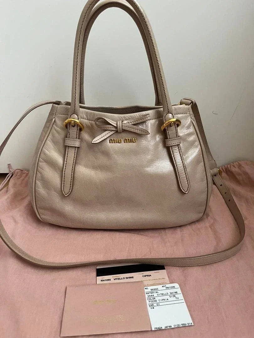 MIU MIU Vitello Shine 2WAY Bow Handbag Shoulder Bag Pink Beige Leather Used Auth