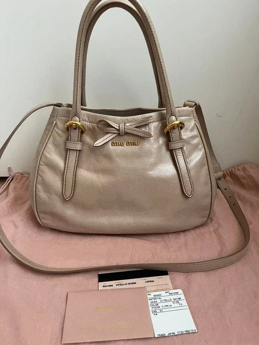 MIU MIU Vitello Shine 2WAY Bow Handbag Shoulder Bag Pink Beige Leather Used Auth