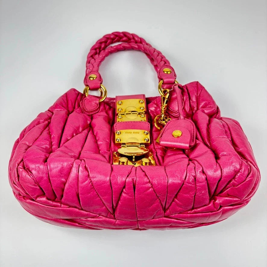 Auth Miu Miu Matelasse Hand Bag Leather 2way Pink Gold t99