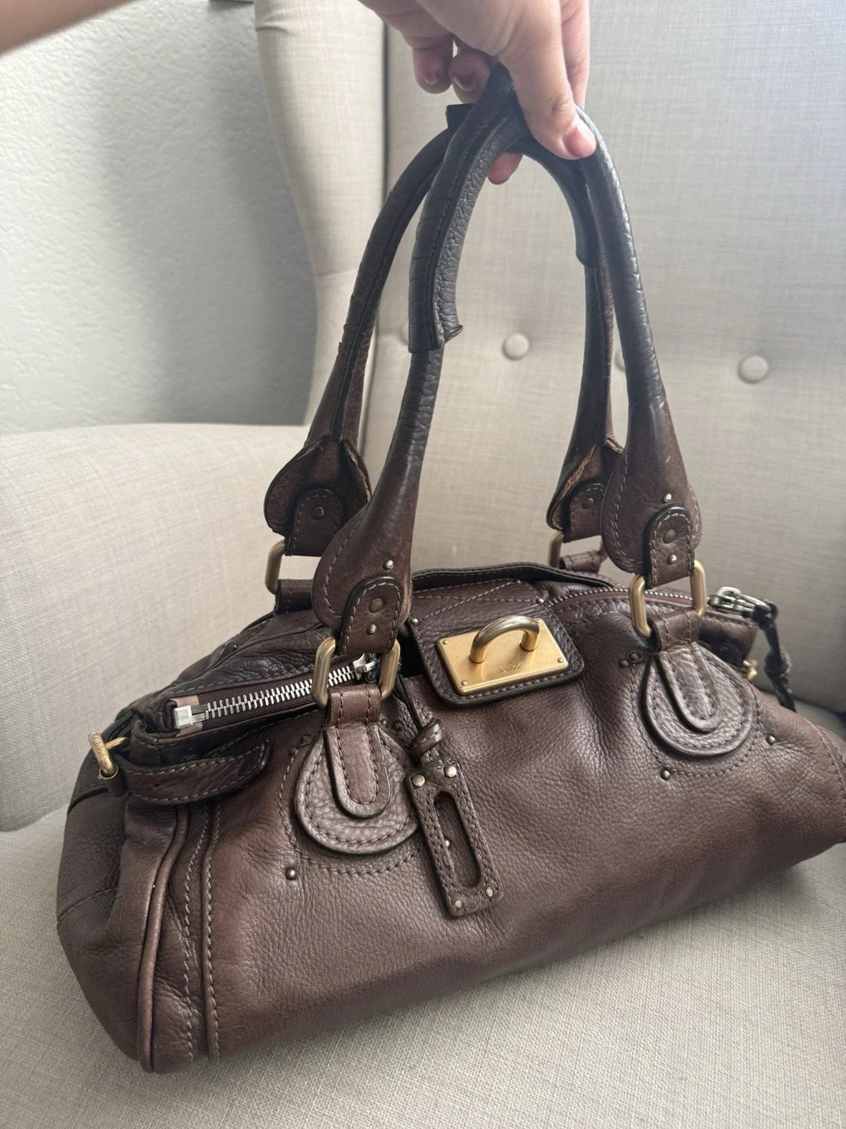 Chloe Paddington Leather Hand Bag Dark Brown Medium Padlock Key Vintage