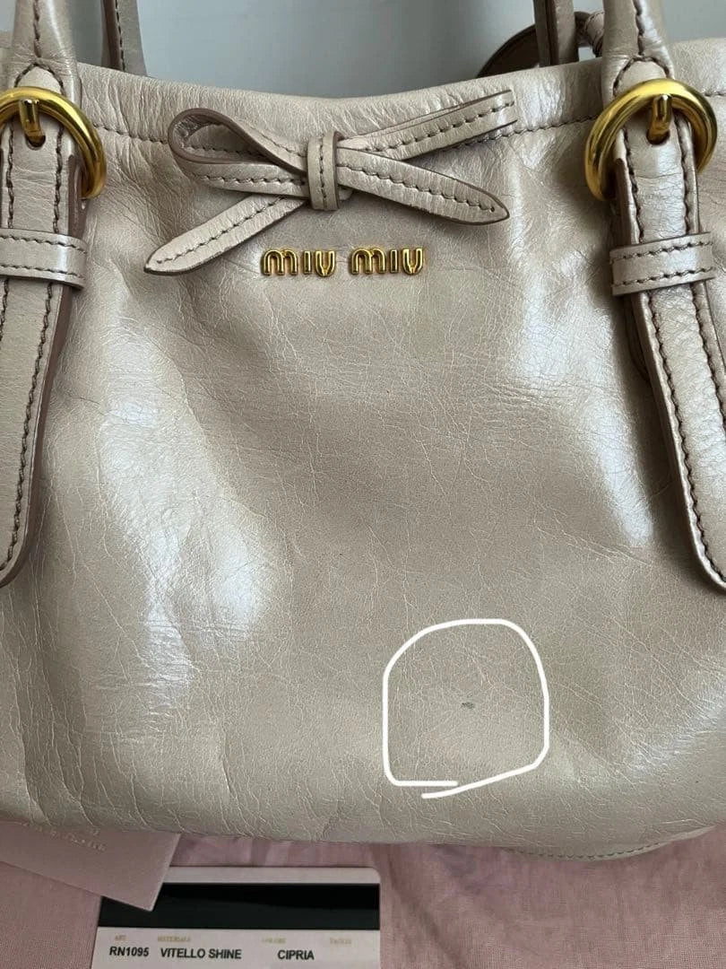 MIU MIU Vitello Shine 2WAY Bow Handbag Shoulder Bag Pink Beige Leather Used Auth