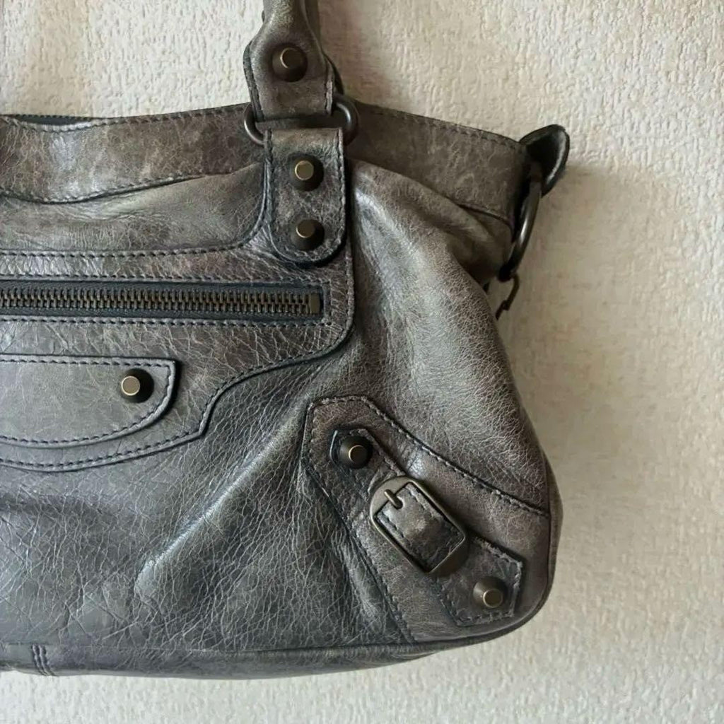 Balenciaga Moto Handbag Gray Leather Classic City Style Tote