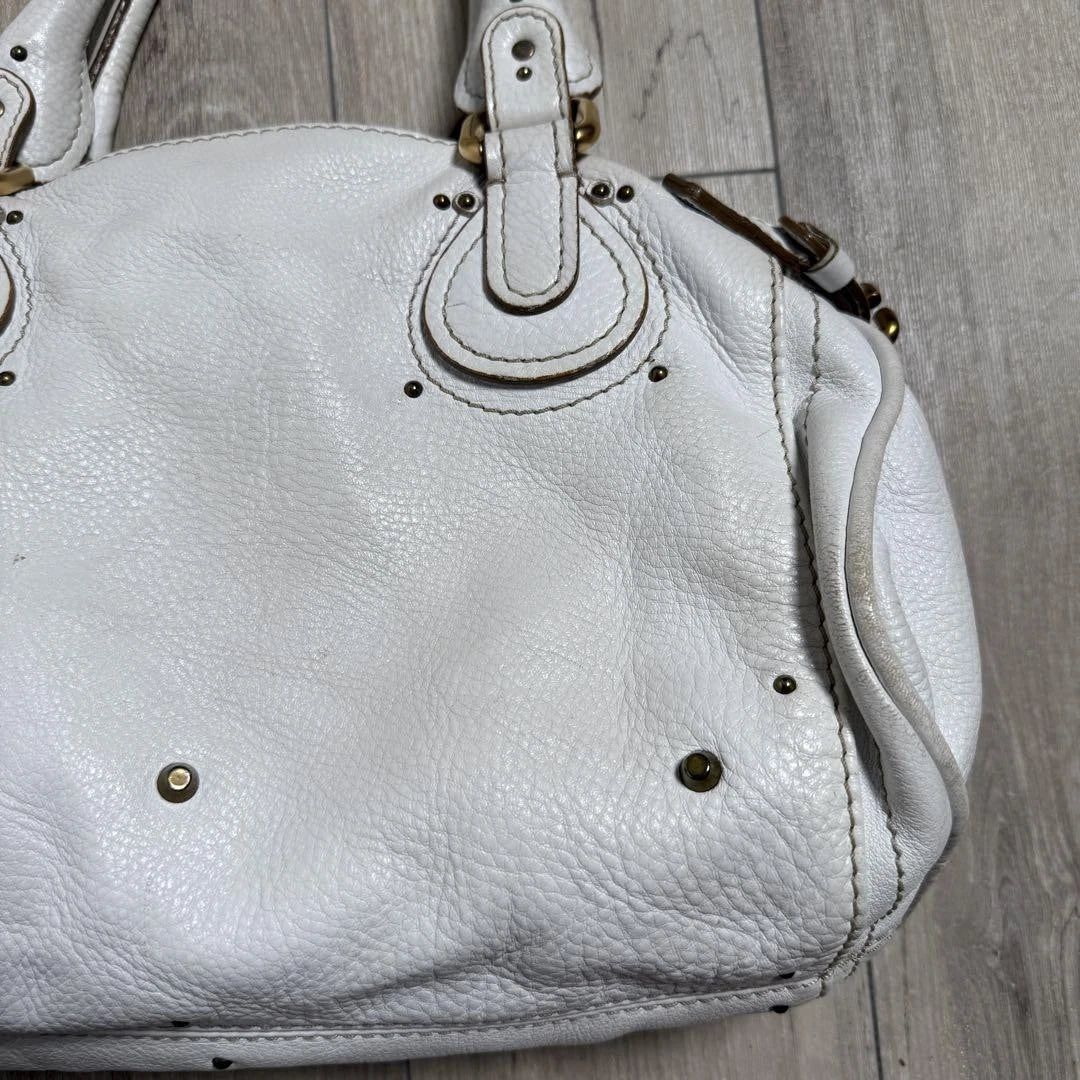 Chloe Paddington Padlock Cadena Hand Bag Boston Bag Shoulder Bag White Auth