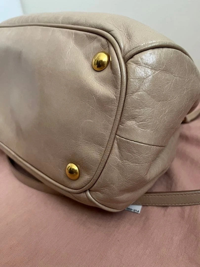 MIU MIU Vitello Shine 2WAY Bow Handbag Shoulder Bag Pink Beige Leather Used Auth