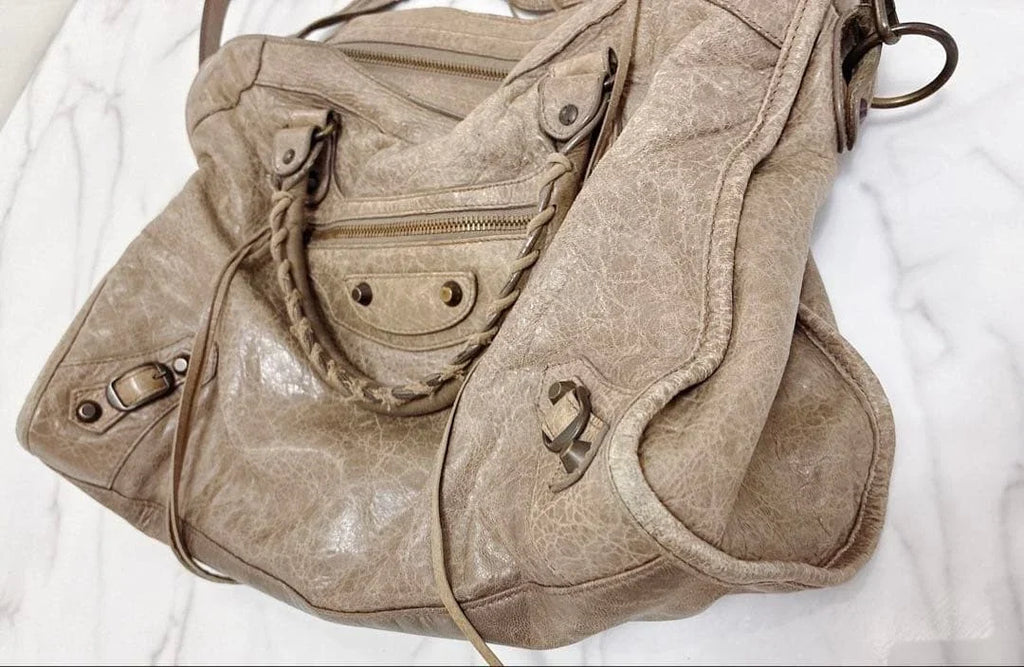 BALENCIAGA Giant City Leather Handbag Shoulder Bag Beige Gray w/Mirror [DDP]