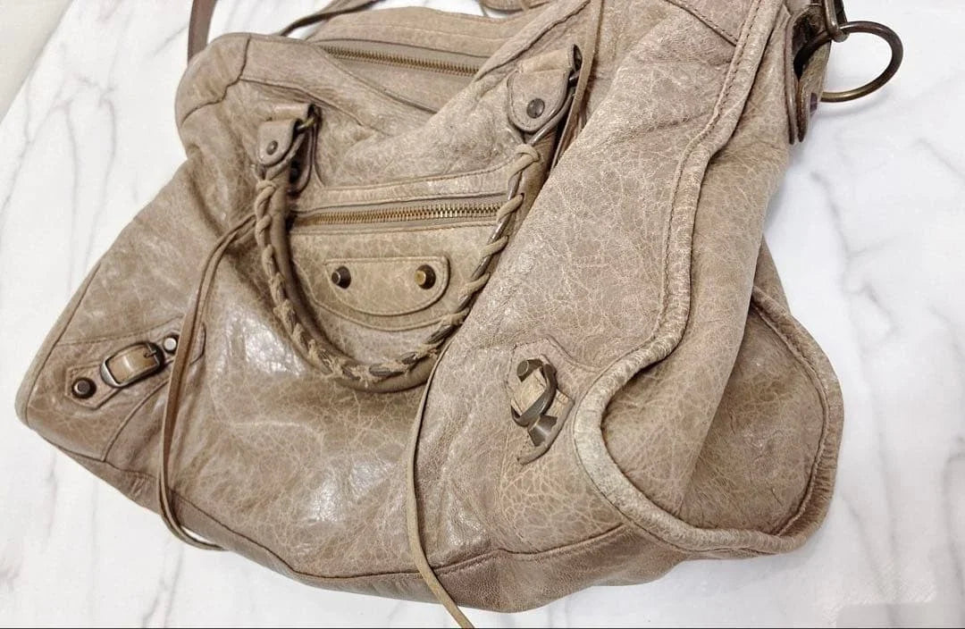 BALENCIAGA Giant City Leather Handbag Shoulder Bag Beige Gray w/Mirror [DDP]