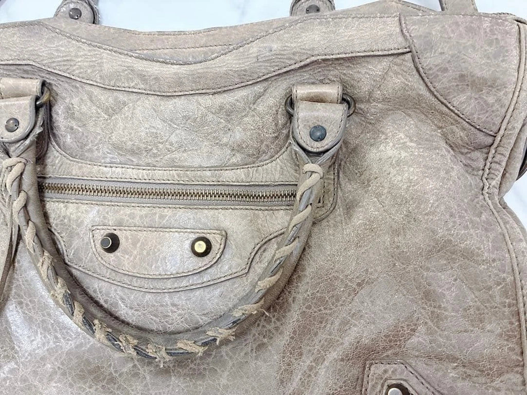 BALENCIAGA Giant City Leather Handbag Shoulder Bag Beige Gray w/Mirror [DDP]