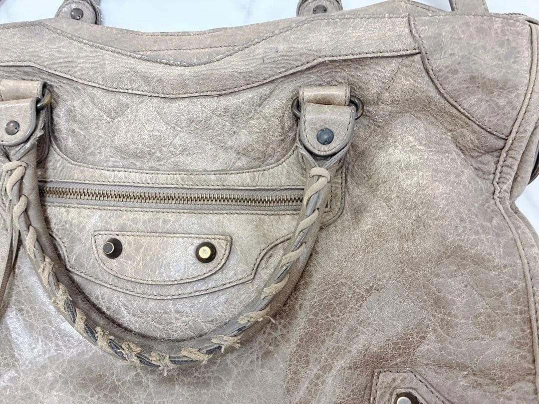 BALENCIAGA Giant City Leather Handbag Shoulder Bag Beige Gray w/Mirror [DDP]