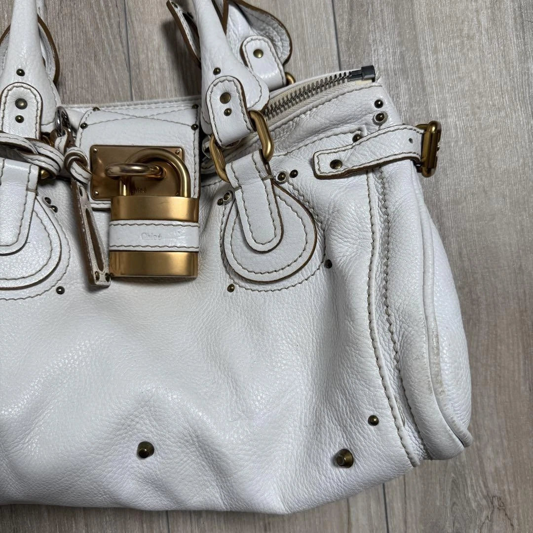 Chloe Paddington Padlock Cadena Hand Bag Boston Bag Shoulder Bag White Auth