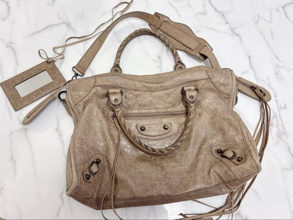 BALENCIAGA Giant City Leather Handbag Shoulder Bag Beige Gray w/Mirror [DDP]