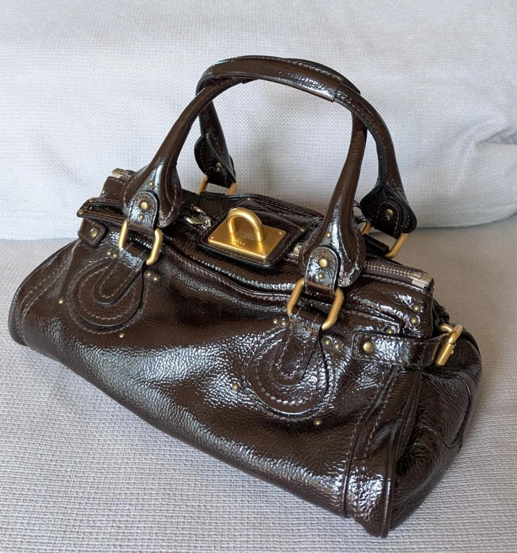 Chloe Paddington Patent Leather Dark Brown Handbag