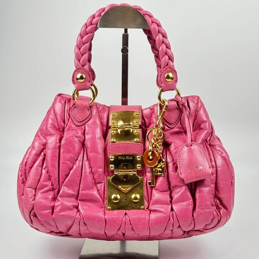 Auth Miu Miu Matelasse Hand Bag Leather 2way Pink Gold t99
