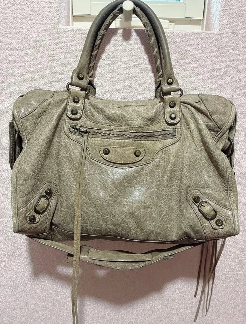 BALENCIAGA Giant City Leather Handbag Shoulder Bag Beige Gray w/Mirror [DDP]