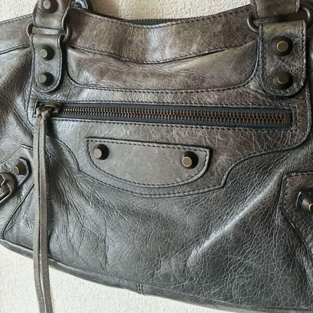 Balenciaga Moto Handbag Gray Leather Classic City Style Tote