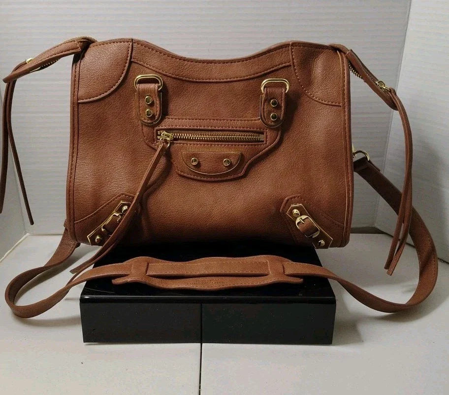 Balenciaga City Handbag Soft Brown Leather Missing Braided Handles Studded