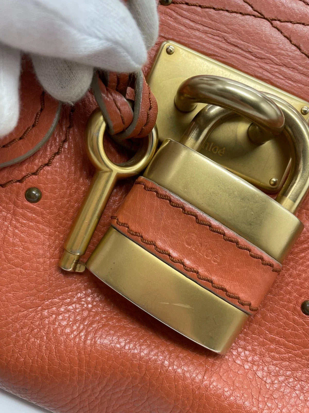 Chloe Paddington Handbag Shoulder Bag Red Orange Padlock Leather Key Auth 251010