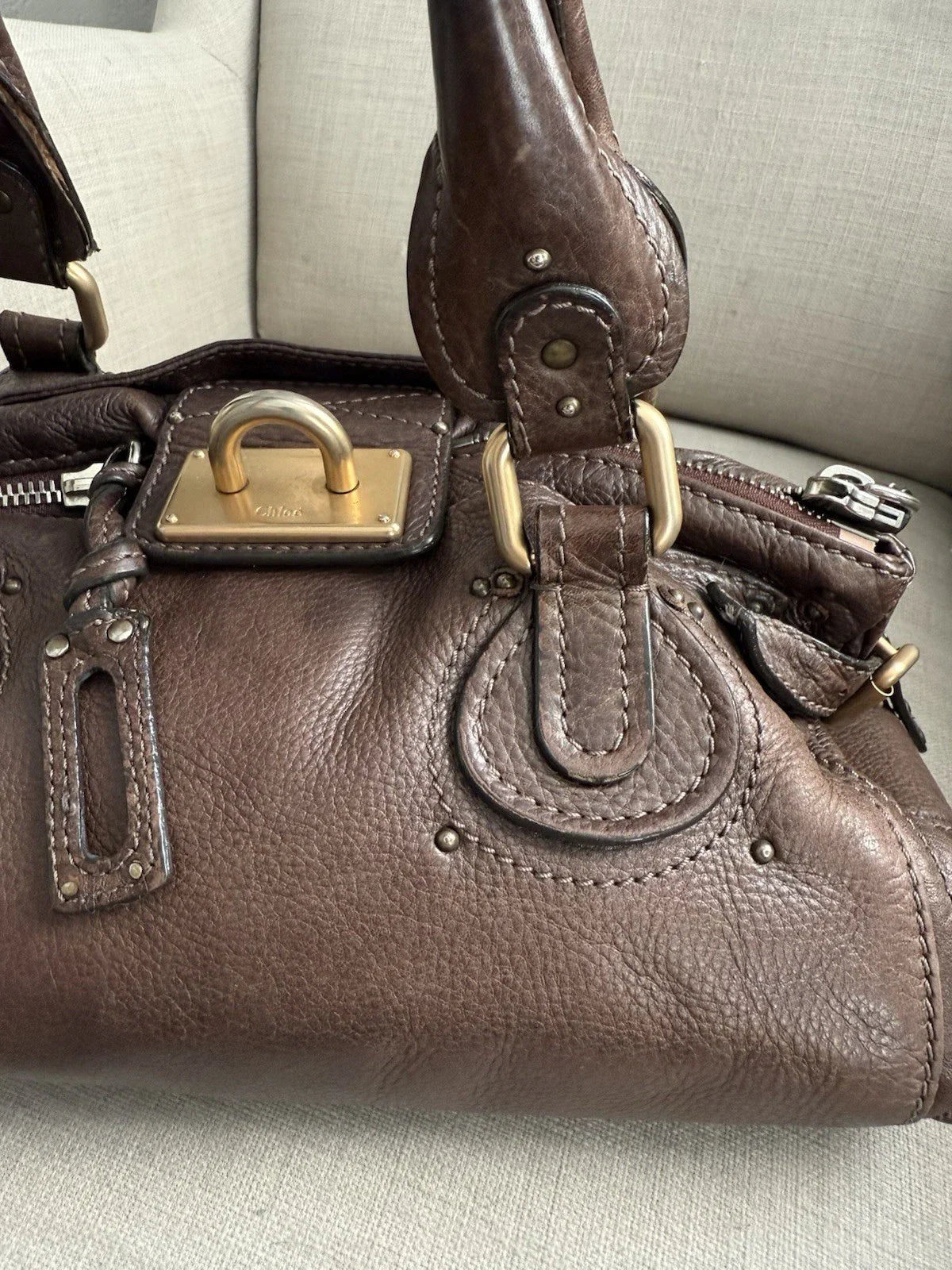 Chloe Paddington Leather Hand Bag Dark Brown Medium Padlock Key Vintage