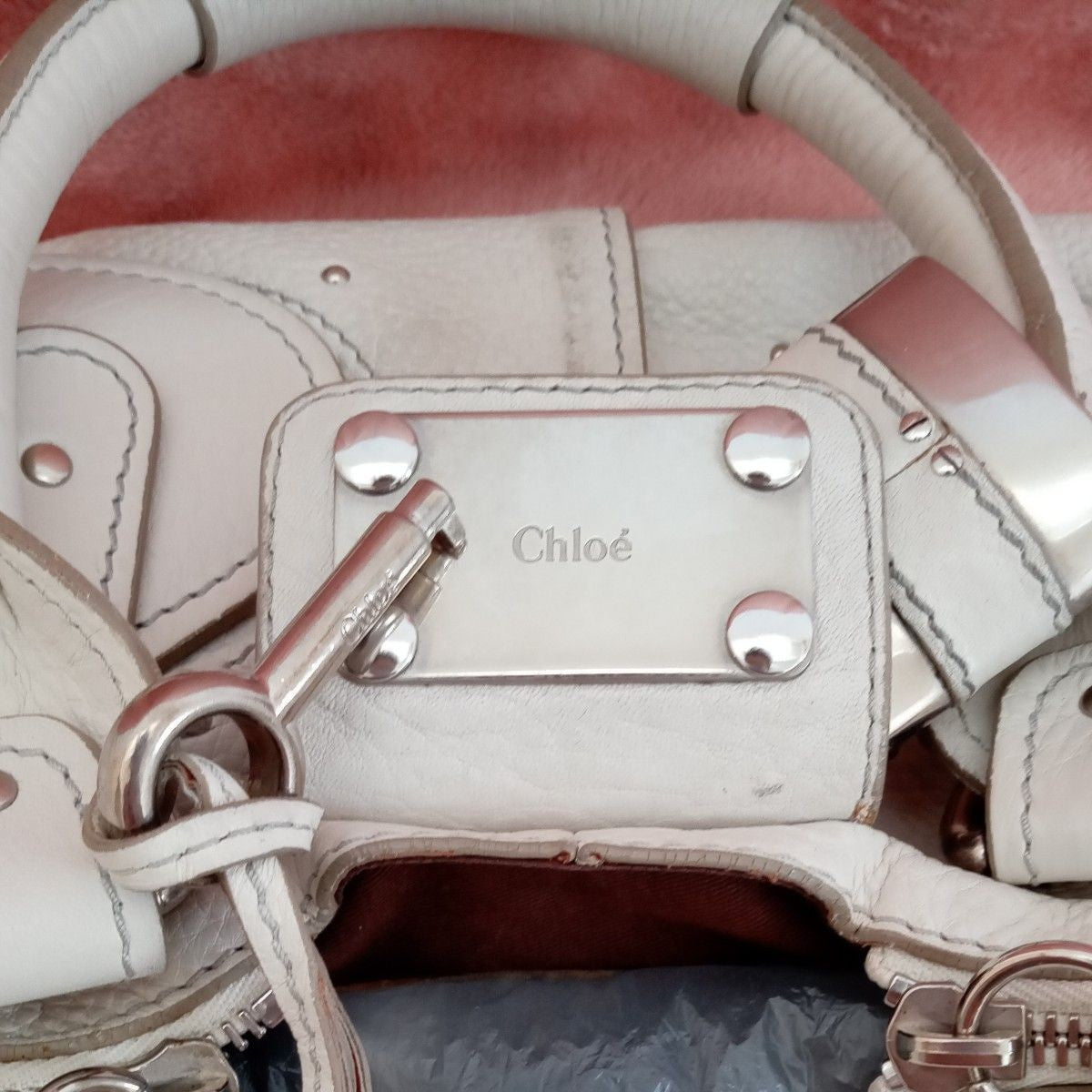 Authentic Chloe Paddington Handbag Shoulder Bag Medium White Leather Silver Y2K
