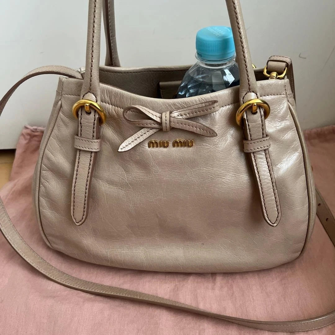 MIU MIU Vitello Shine 2WAY Bow Handbag Shoulder Bag Pink Beige Leather Used Auth