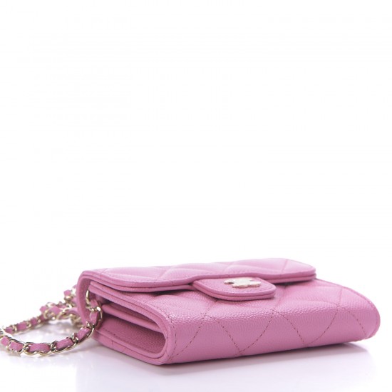 CHANEL Caviar Quilted Card Holder On Chain Pink