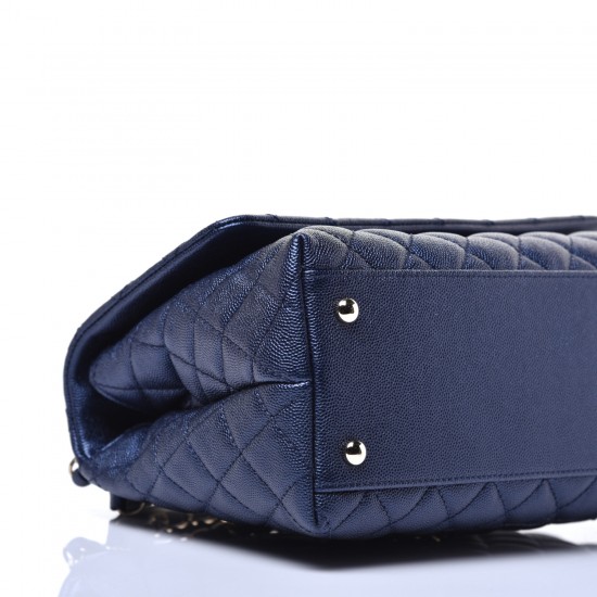 CHANEL Iridescent Caviar Quilted Small Coco Handle Flap Dark Blue