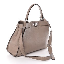 FENDI Calfskin Romano Selleria Medium Peekaboo Iconic Satchel Beige