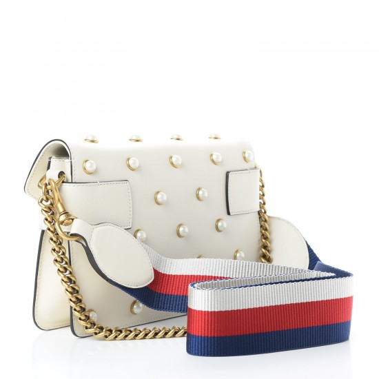 GUCCI Calfskin Pearl Studded Mini Broadway Bee Shoulder Bag White