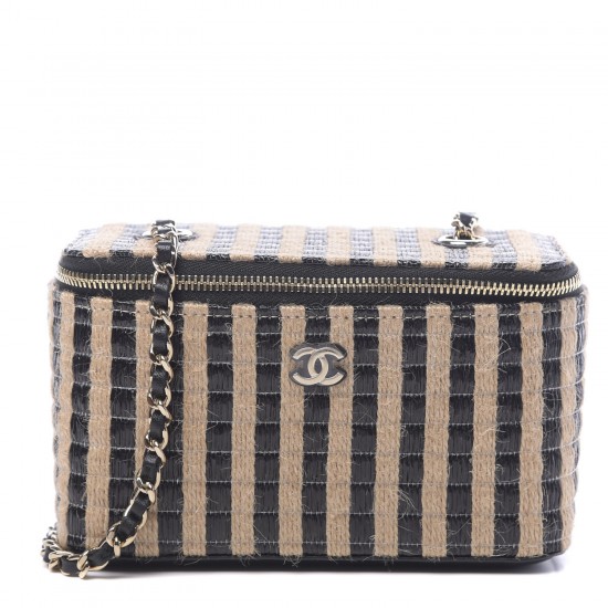 CHANEL Raffia Jute Striped Small Vanity Case With Chain Black Beige