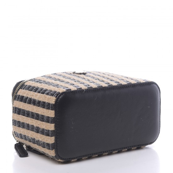 CHANEL Raffia Jute Striped Small Vanity Case With Chain Black Beige