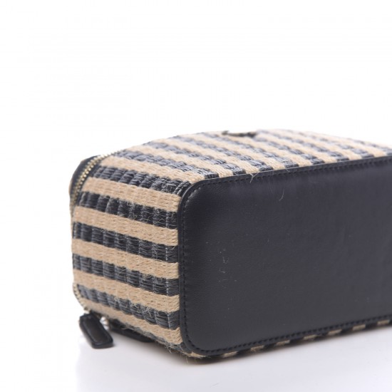 CHANEL Raffia Jute Striped Small Vanity Case With Chain Black Beige