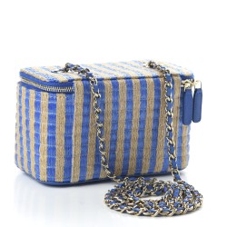 CHANEL Striped Raffia Jute Vanity With Chain Blue Beige