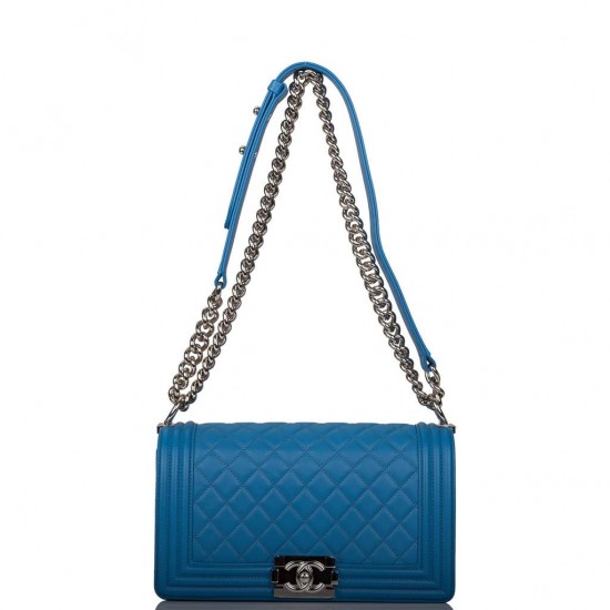 1Chanel Blue Quilted Calfskin Medium Boy Bag Silver Hardware