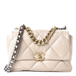 2CHANEL Lambskin Quilted Large 19 Flap Beige