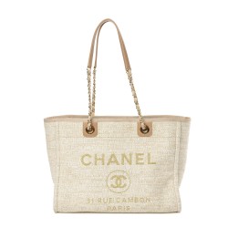 CHANEL Canvas Small Deauville Tote Light Beige