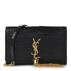 YSL Calfskin Crocodile Embossed Kate Monogram Tassel Chain Wallet Black