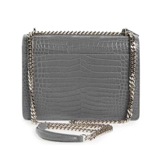 YSL Calfskin Crocodile Embossed Monogram Sunset Chain Wallet Marble gray