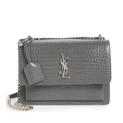 YSL Calfskin Crocodile Embossed Monogram Sunset Chain Wallet Marble gray