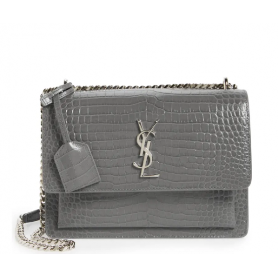 YSL Calfskin Crocodile Embossed Monogram Sunset Chain Wallet Marble gray