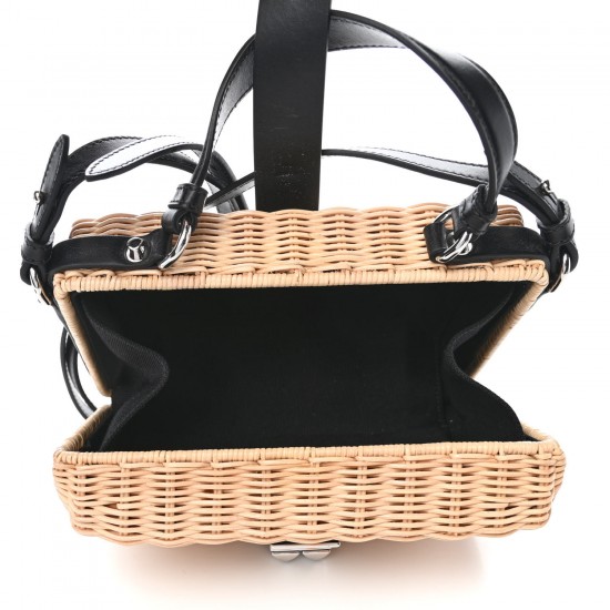 PRADA Wicker Top Handle Shoulder Bag Naturale Black